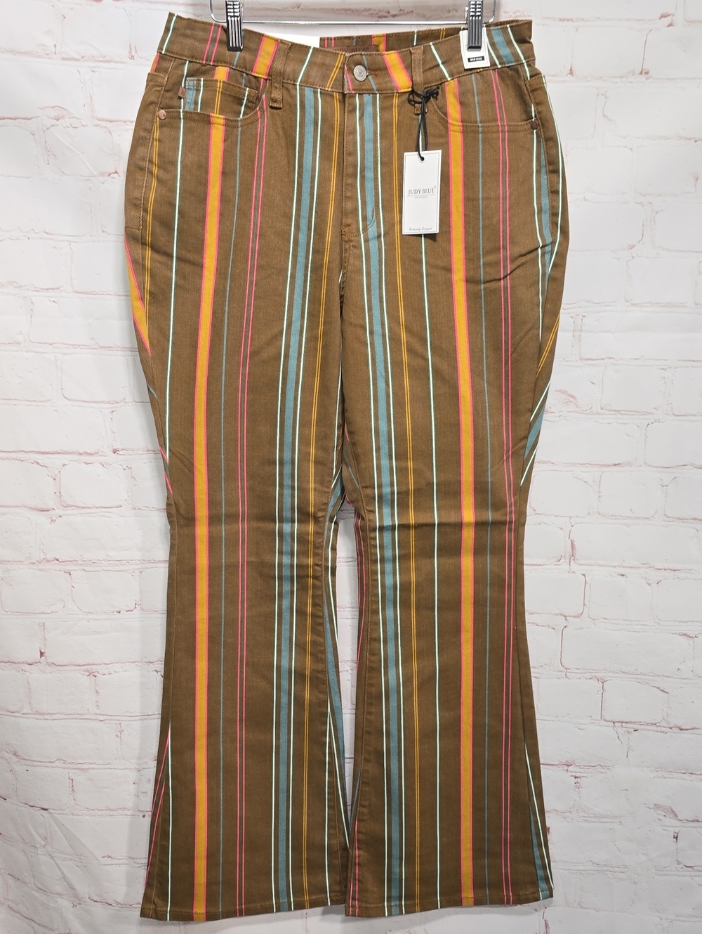 Judy Blue Mid Rise Brown Flare Jeans  Orange, Blue & Pink Stripes Size 16W NWT